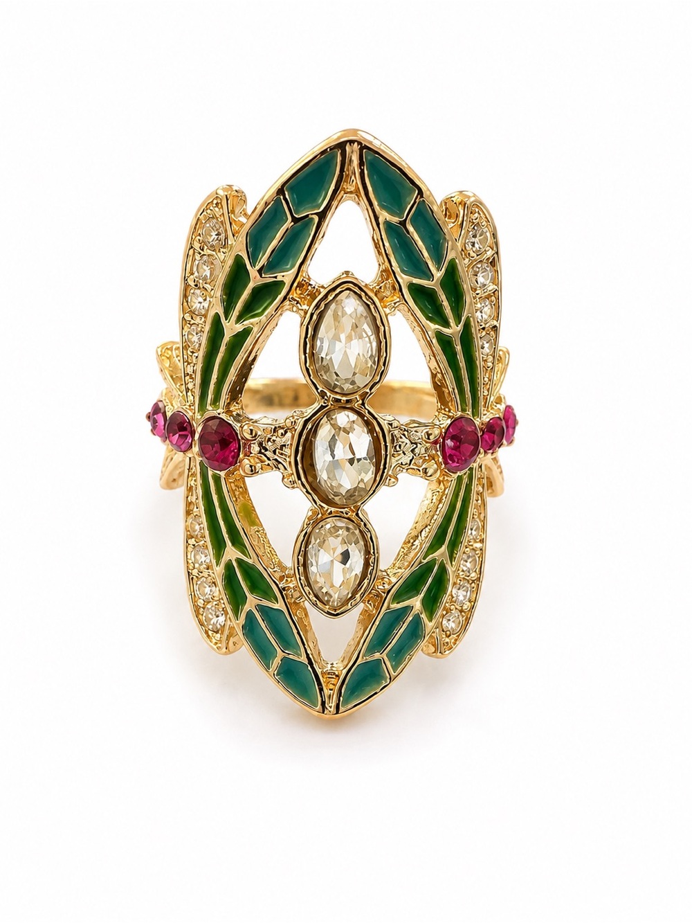 Gold Tone Green Enamel Rhinestone Statement Ring Size 6 Art Deco Style